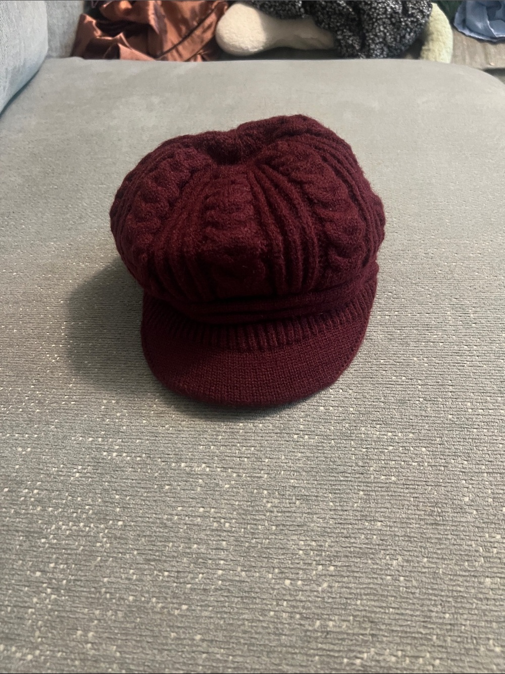 Cable Knit Baker Boy Cap in Deep Burgundy